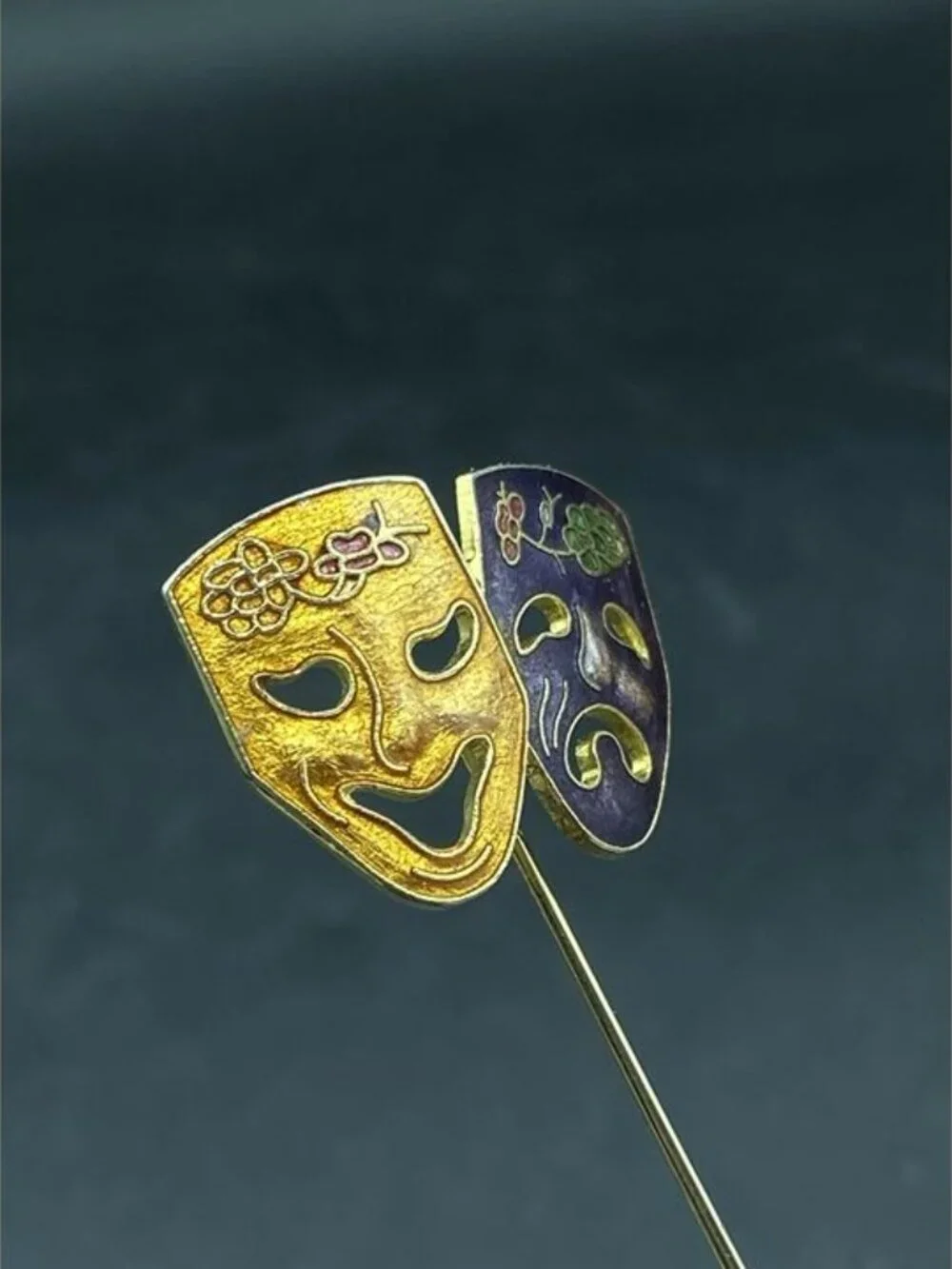 Comedy Tragedy Masks Cloisonné Enamel Stick Pin Vintage - Picture 3 of 9